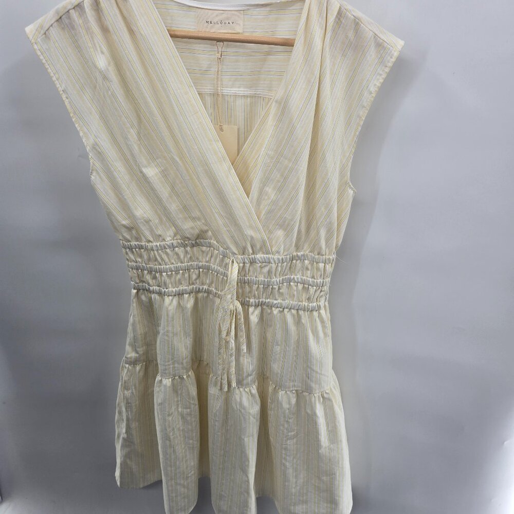 Melloday White Yellow Blue Striped V-Neck Sleeveless Tiered Mini Dress XS